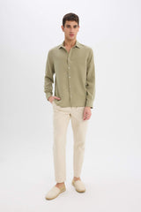 Regular Fit Italian Collar Linen Look Long Sleeve Shirt