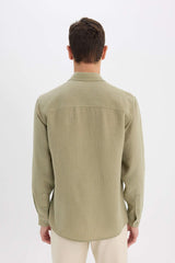 Regular Fit Italian Collar Linen Look Long Sleeve Shirt