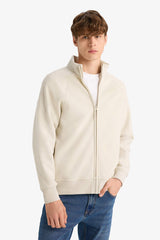 Boxy Fit Stand Collar Printed Zippered Sweatshirt with Soft Fur Inside