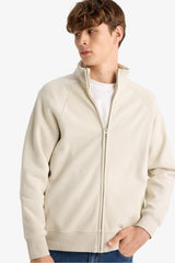 Boxy Fit Stand Collar Printed Zippered Sweatshirt with Soft Fur Inside