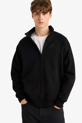 Boxy Fit Stand Collar Printed Zippered Sweatshirt with Soft Fur Inside