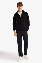 Boxy Fit Stand Collar Printed Zippered Sweatshirt with Soft Fur Inside