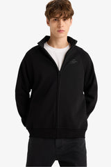 Boxy Fit Stand Collar Printed Zippered Sweatshirt with Soft Fur Inside