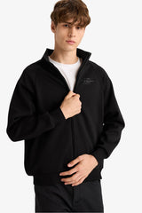 Boxy Fit Stand Collar Printed Zippered Sweatshirt with Soft Fur Inside