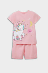 Baby Girl Pajama Set Unicorn Printed Short Sleeve Combed Cotton Top and Elastic Waist Shorts