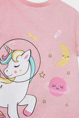 Baby Girl Pajama Set Unicorn Printed Short Sleeve Combed Cotton Top and Elastic Waist Shorts