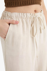Wide Leg Double Pocket Elastic Waist Standard Length Linen Blend Trousers