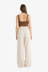 Wide Leg Double Pocket Elastic Waist Standard Length Linen Blend Trousers