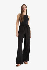 Wide Leg Double Pocket Elastic Waist Standard Length Linen Blend Trousers