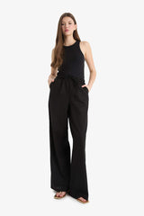 Wide Leg Double Pocket Elastic Waist Standard Length Linen Blend Trousers