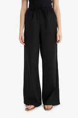 Wide Leg Double Pocket Elastic Waist Standard Length Linen Blend Trousers