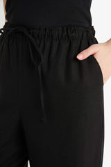 Wide Leg Double Pocket Elastic Waist Standard Length Linen Blend Trousers