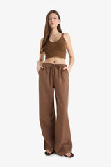Wide Leg Double Pocket Elastic Waist Standard Length Linen Blend Trousers