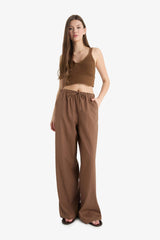 Wide Leg Double Pocket Elastic Waist Standard Length Linen Blend Trousers