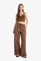 Wide Leg Double Pocket Elastic Waist Standard Length Linen Blend Trousers