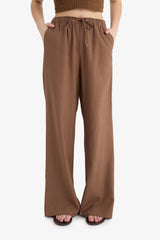 Wide Leg Double Pocket Elastic Waist Standard Length Linen Blend Trousers