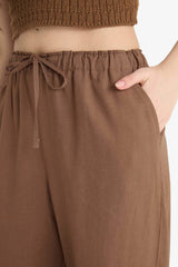 Wide Leg Double Pocket Elastic Waist Standard Length Linen Blend Trousers