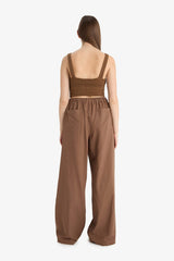 Wide Leg Double Pocket Elastic Waist Standard Length Linen Blend Trousers