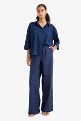 Wide Leg Double Pocket Elastic Waist Standard Length Linen Blend Trousers