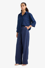 Wide Leg Double Pocket Elastic Waist Standard Length Linen Blend Trousers