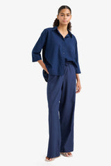 Wide Leg Double Pocket Elastic Waist Standard Length Linen Blend Trousers