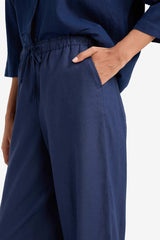 Wide Leg Double Pocket Elastic Waist Standard Length Linen Blend Trousers