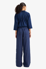 Wide Leg Double Pocket Elastic Waist Standard Length Linen Blend Trousers
