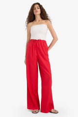 Wide Leg Double Pocket Elastic Waist Standard Length Linen Blend Trousers
