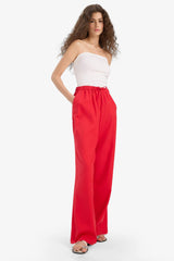 Wide Leg Double Pocket Elastic Waist Standard Length Linen Blend Trousers