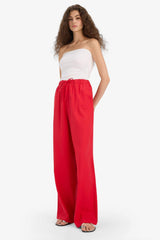 Wide Leg Double Pocket Elastic Waist Standard Length Linen Blend Trousers