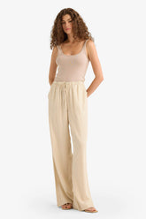 Wide Leg Double Pocket Elastic Waist Standard Length Linen Blend Trousers