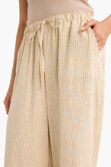 Wide Leg Double Pocket Elastic Waist Standard Length Linen Blend Trousers