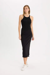 Fitted Body-hugging Slit Basic Camisole Black Midi Skirt