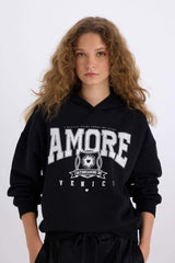 Loose Fit Hooded Printed Thick Sweatshirt