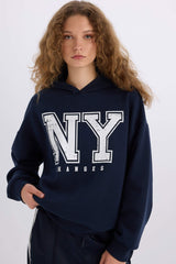 Loose Fit Hooded Printed Thick Sweatshirt