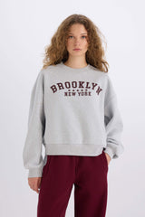 Loose Fit Crew Neck Printed Thick Sweatshirt