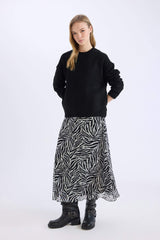 Flare Fit Zebra Patterned High Waist Tulle Maxi Skirt