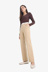 Straight Fit Gabardine High Waist Trousers