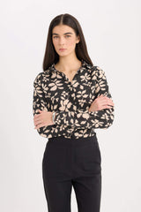 Oversize Fit Shirt Collar Printed Long Sleeve Tunic