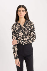 Oversize Fit Shirt Collar Printed Long Sleeve Tunic