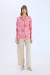 Oversize Fit Shirt Collar Printed Long Sleeve Tunic