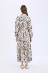 Shirt Collar Patterned Long Sleeve Maxi Dress