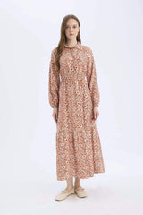 Shirt Collar Patterned Long Sleeve Maxi Dress