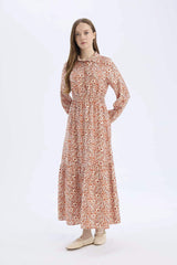 Shirt Collar Patterned Long Sleeve Maxi Dress