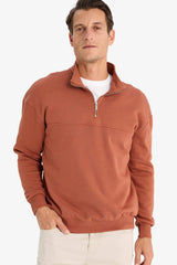 Relax Fit Stand Collar Zippered Basic Plain Thick Sweatshirt