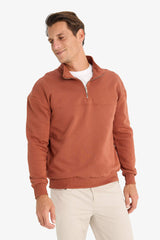 Relax Fit Stand Collar Zippered Basic Plain Thick Sweatshirt