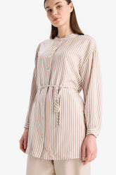 Relax Fit Striped Long Sleeve Lace-Up Shirt Tunic