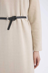 Regular Fit Crew Neck Belted Selanik Fabric Maxi Dress