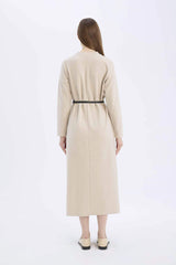 Regular Fit Crew Neck Belted Selanik Fabric Maxi Dress