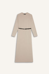 Regular Fit Crew Neck Belted Selanik Fabric Maxi Dress